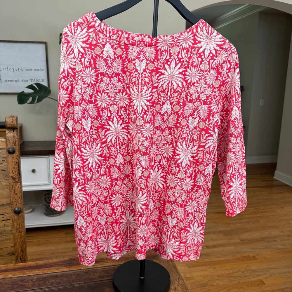 Croft & Barrow Womens Red White Tropical Floral Boatneck 3/4 Sleeve Top Large